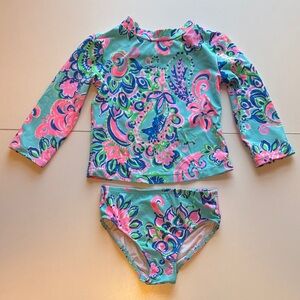 Lilly Pulitzer Girls Aqua Pink Floral Long Sleeve Rashguard Set